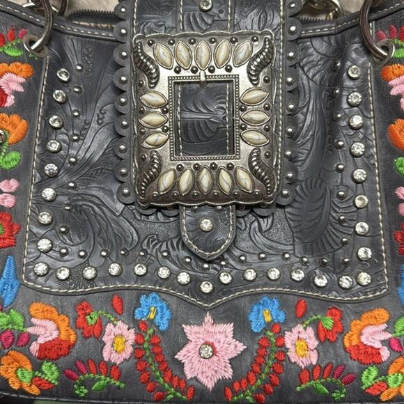 Montana West Floral Embroidered Silver Studded Boho Western Handbag Purse - Picture 3 of 13